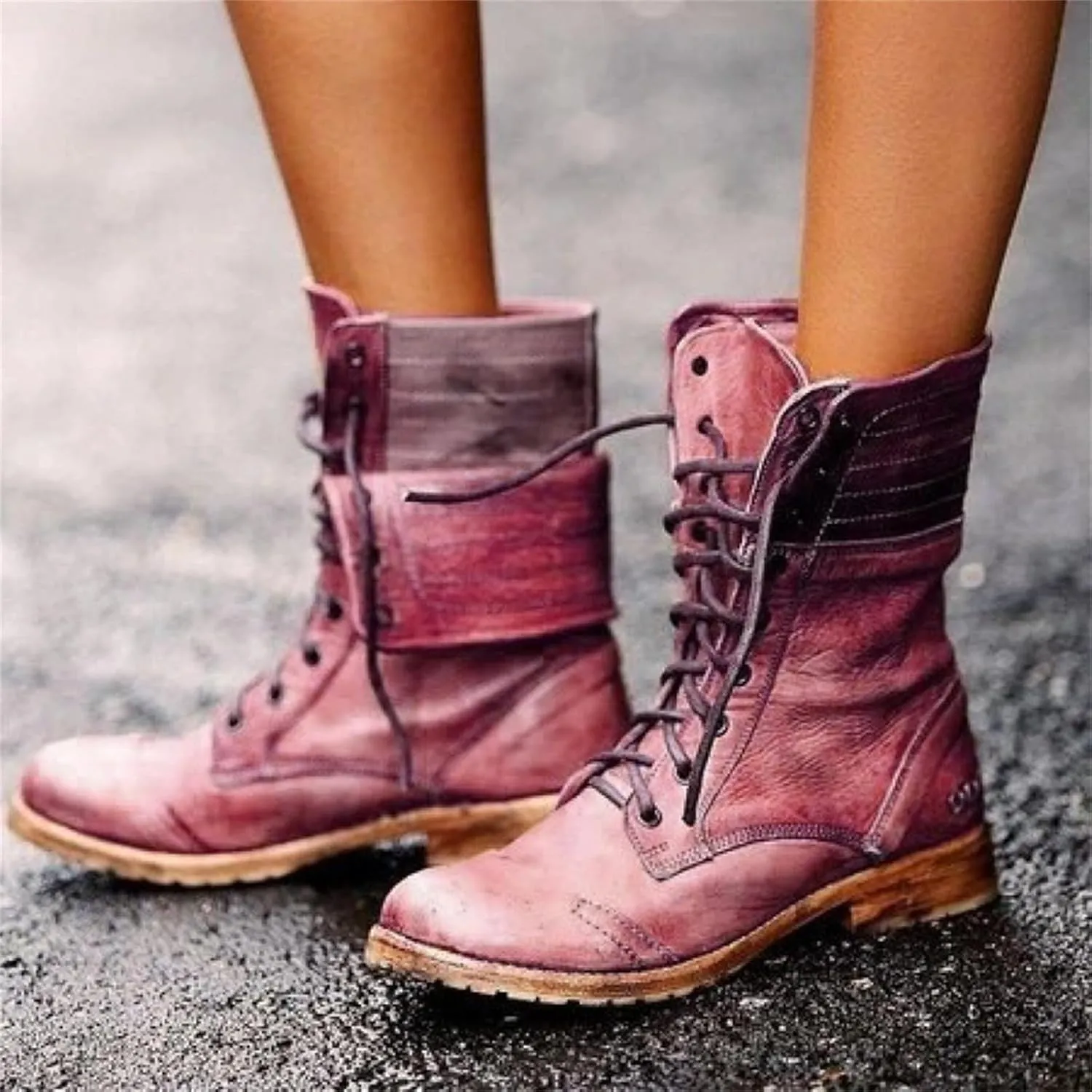Boots For Women Ankle Booties Western Military Combat Boots Mid Calf Low Heel Winter Motorcycle Riding Biker Boots