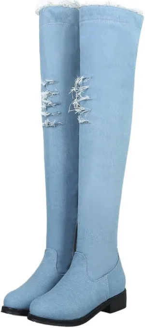 DINTAHA Denim Thigh High Boots Flat Thigh High Boots Low Heel Long Boots Chunky Heel Over The Knee Boots