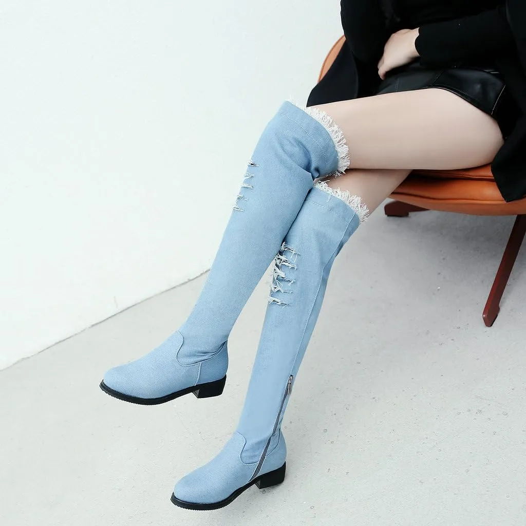 DINTAHA Denim Thigh High Boots Flat Thigh High Boots Low Heel Long Boots Chunky Heel Over The Knee Boots