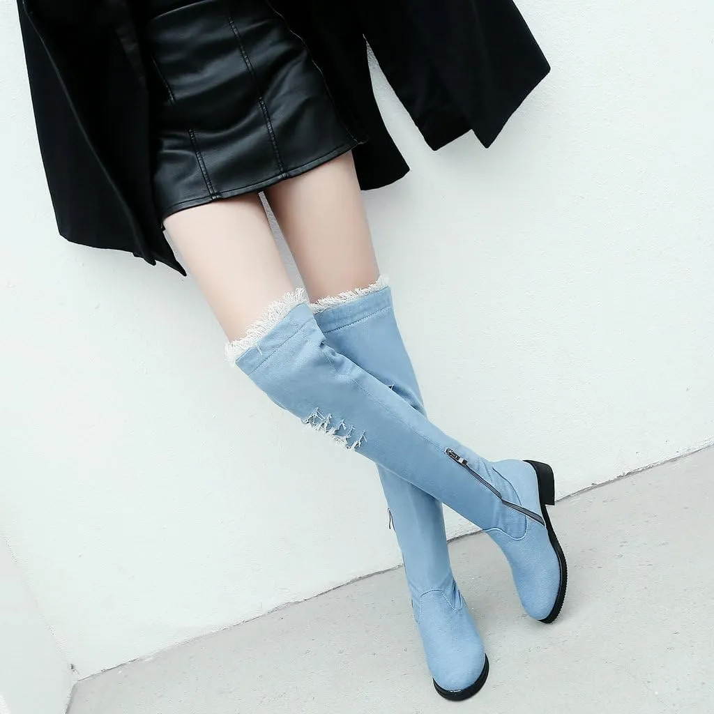 DINTAHA Denim Thigh High Boots Flat Thigh High Boots Low Heel Long Boots Chunky Heel Over The Knee Boots