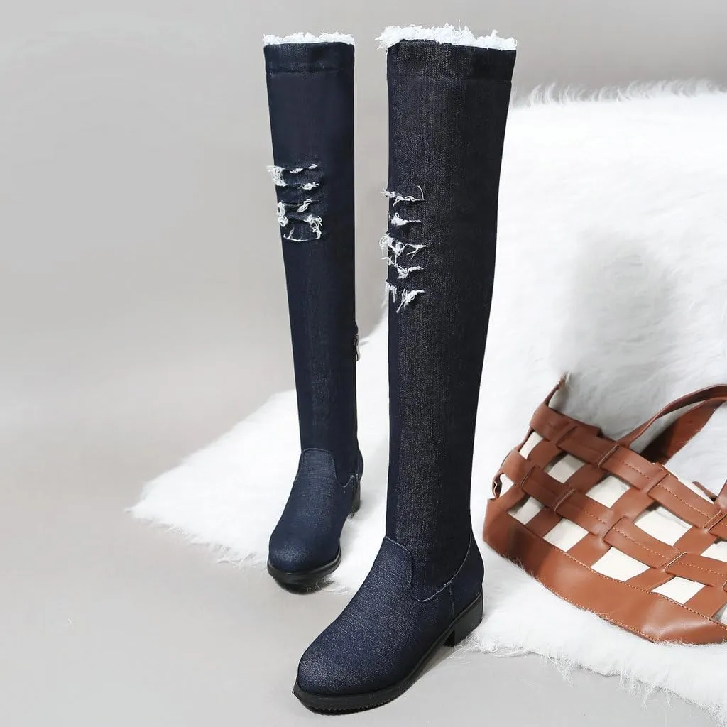 DINTAHA Denim Thigh High Boots Flat Thigh High Boots Low Heel Long Boots Chunky Heel Over The Knee Boots