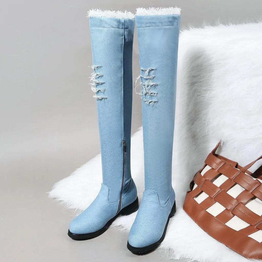 DINTAHA Denim Thigh High Boots Flat Thigh High Boots Low Heel Long Boots Chunky Heel Over The Knee Boots