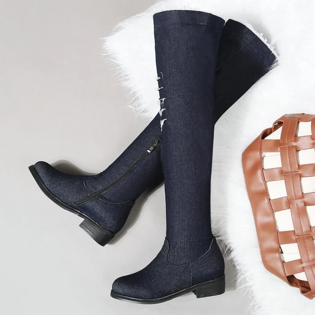 DINTAHA Denim Thigh High Boots Flat Thigh High Boots Low Heel Long Boots Chunky Heel Over The Knee Boots