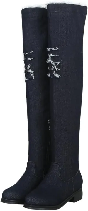 DINTAHA Denim Thigh High Boots Flat Thigh High Boots Low Heel Long Boots Chunky Heel Over The Knee Boots
