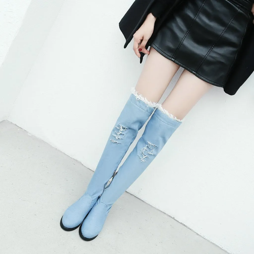 DINTAHA Denim Thigh High Boots Flat Thigh High Boots Low Heel Long Boots Chunky Heel Over The Knee Boots
