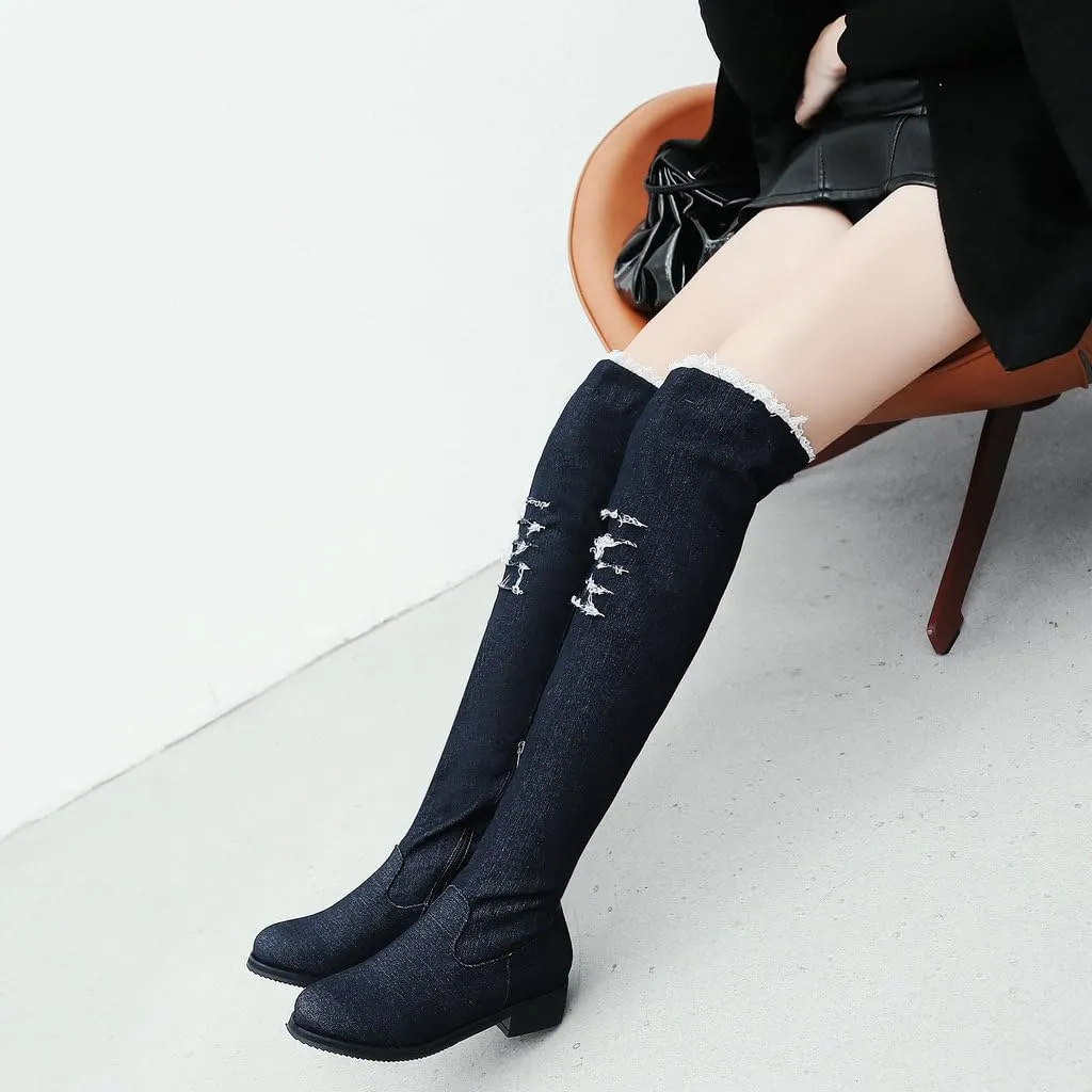 DINTAHA Denim Thigh High Boots Flat Thigh High Boots Low Heel Long Boots Chunky Heel Over The Knee Boots