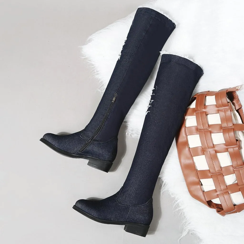 DINTAHA Denim Thigh High Boots Flat Thigh High Boots Low Heel Long Boots Chunky Heel Over The Knee Boots