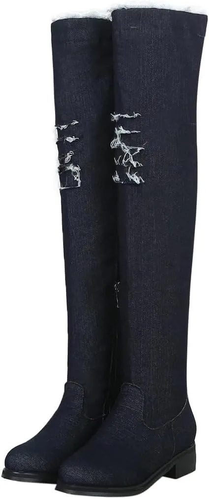 DINTAHA Denim Thigh High Boots Flat Thigh High Boots Low Heel Long Boots Chunky Heel Over The Knee Boots