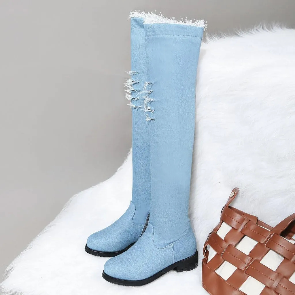 DINTAHA Denim Thigh High Boots Flat Thigh High Boots Low Heel Long Boots Chunky Heel Over The Knee Boots