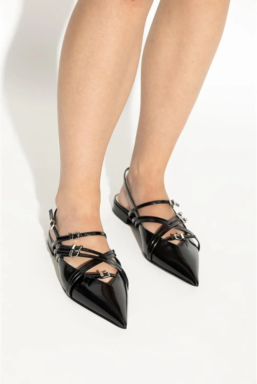Goolita Patent Leather Buckle Slingback Ballet Flats for Women, Low Heel Pointed Toe Ballerina Shoes Comfortable Strappy Dress Flats Shoes