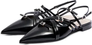Goolita Patent Leather Buckle Slingback Ballet Flats for Women, Low Heel Pointed Toe Ballerina Shoes Comfortable Strappy Dress Flats Shoes