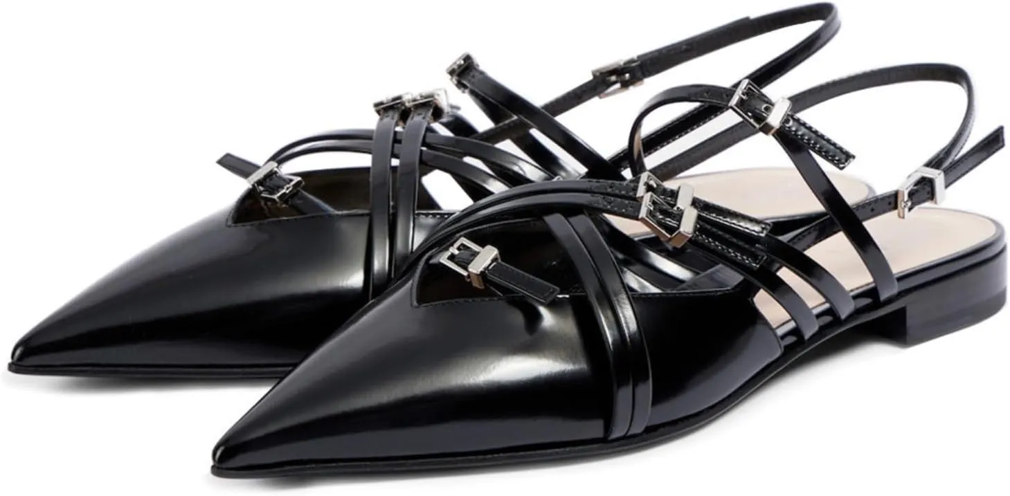 Goolita Patent Leather Buckle Slingback Ballet Flats for Women, Low Heel Pointed Toe Ballerina Shoes Comfortable Strappy Dress Flats Shoes