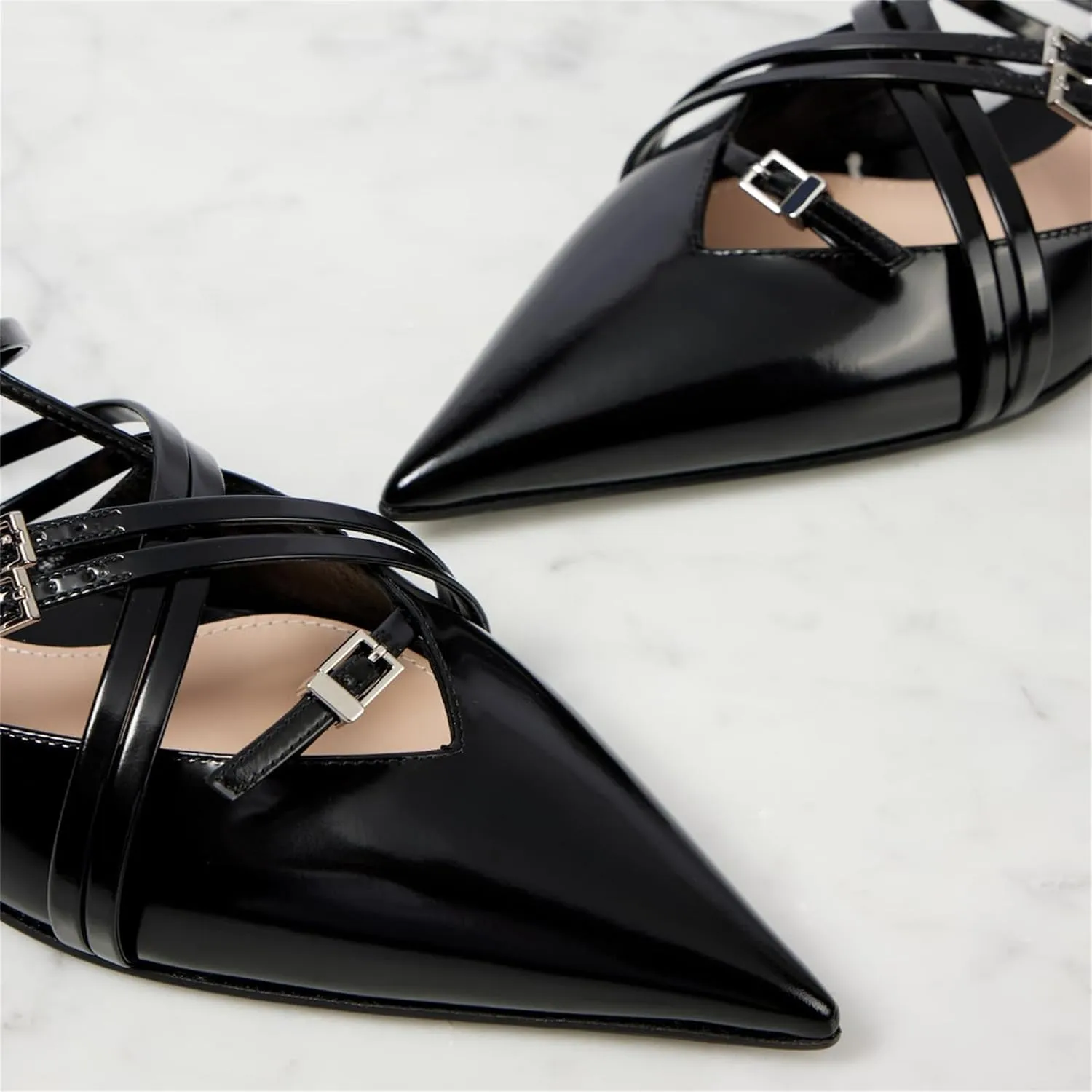Goolita Patent Leather Buckle Slingback Ballet Flats for Women, Low Heel Pointed Toe Ballerina Shoes Comfortable Strappy Dress Flats Shoes