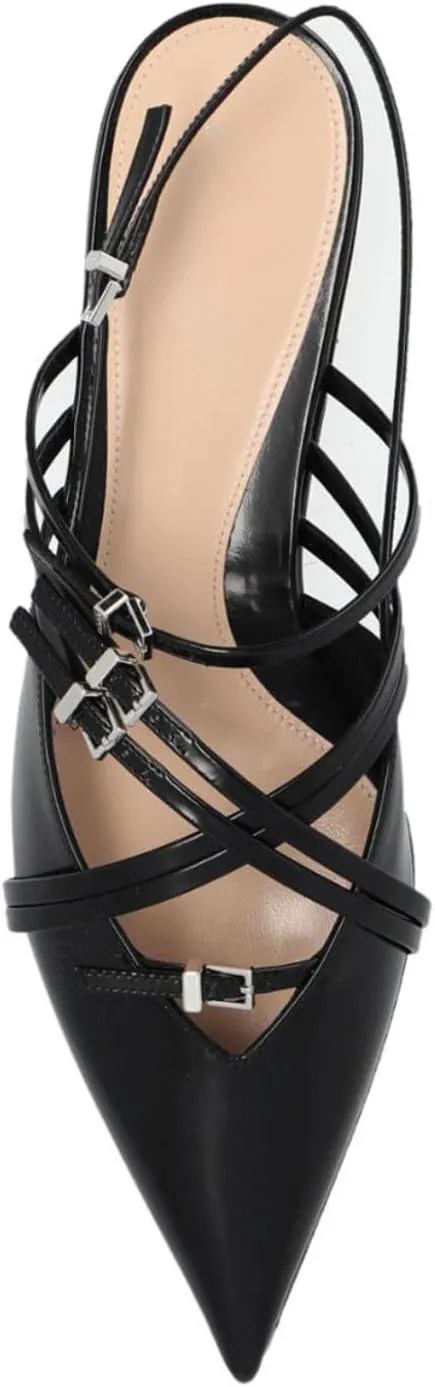 Goolita Patent Leather Buckle Slingback Ballet Flats for Women, Low Heel Pointed Toe Ballerina Shoes Comfortable Strappy Dress Flats Shoes