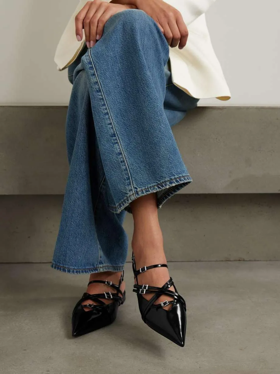 Goolita Patent Leather Buckle Slingback Ballet Flats for Women, Low Heel Pointed Toe Ballerina Shoes Comfortable Strappy Dress Flats Shoes