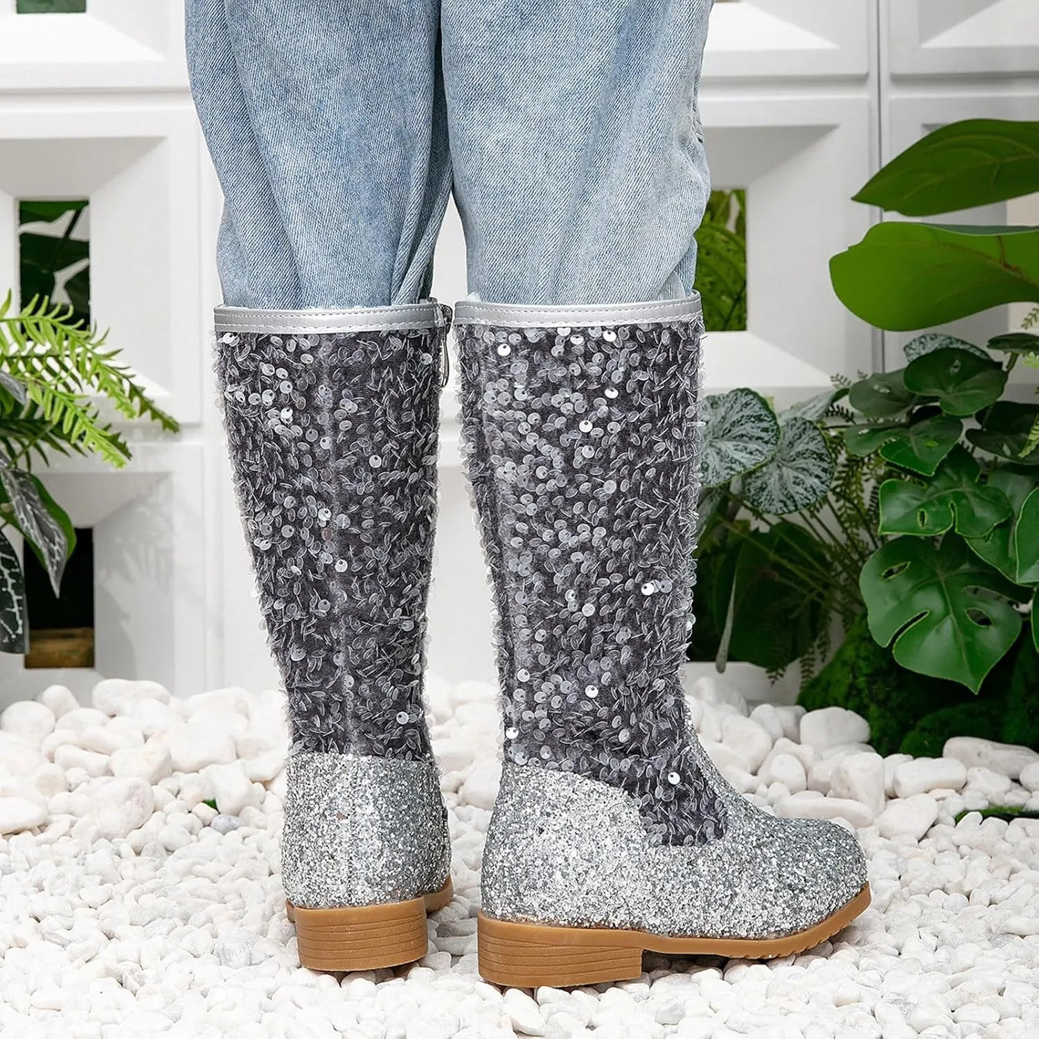 Sparkly Girls Cowboy Western Boots Comfortable Casual Walking Boots Mid Calf Square Toe Ankle Boots for Toddler