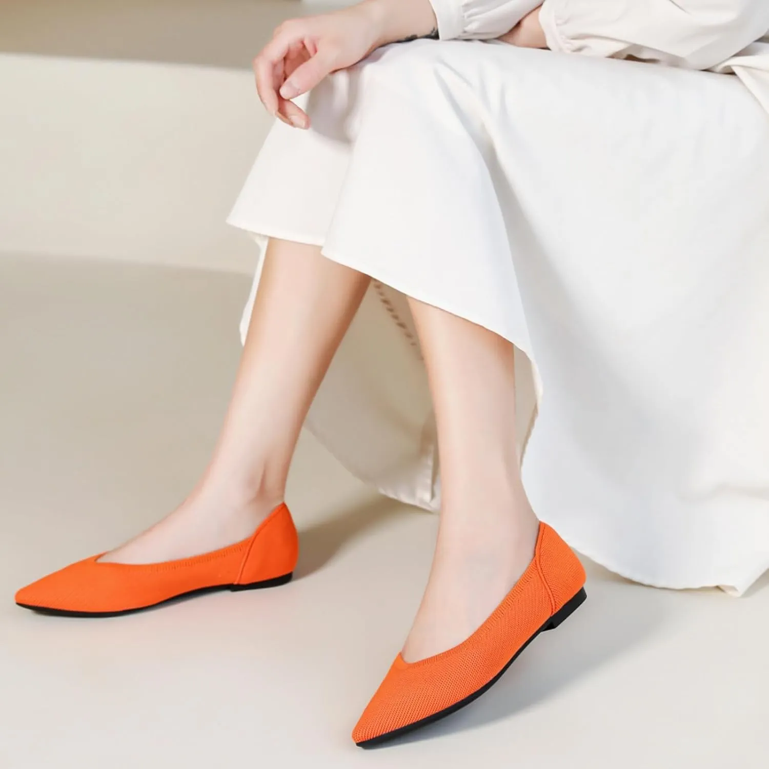 SUNROLAN Casual Ballet Flats for Women Comfortable Knitted Texture Slip on Dress Shoes Pointed-Toe Washable Ballerina Flats 088